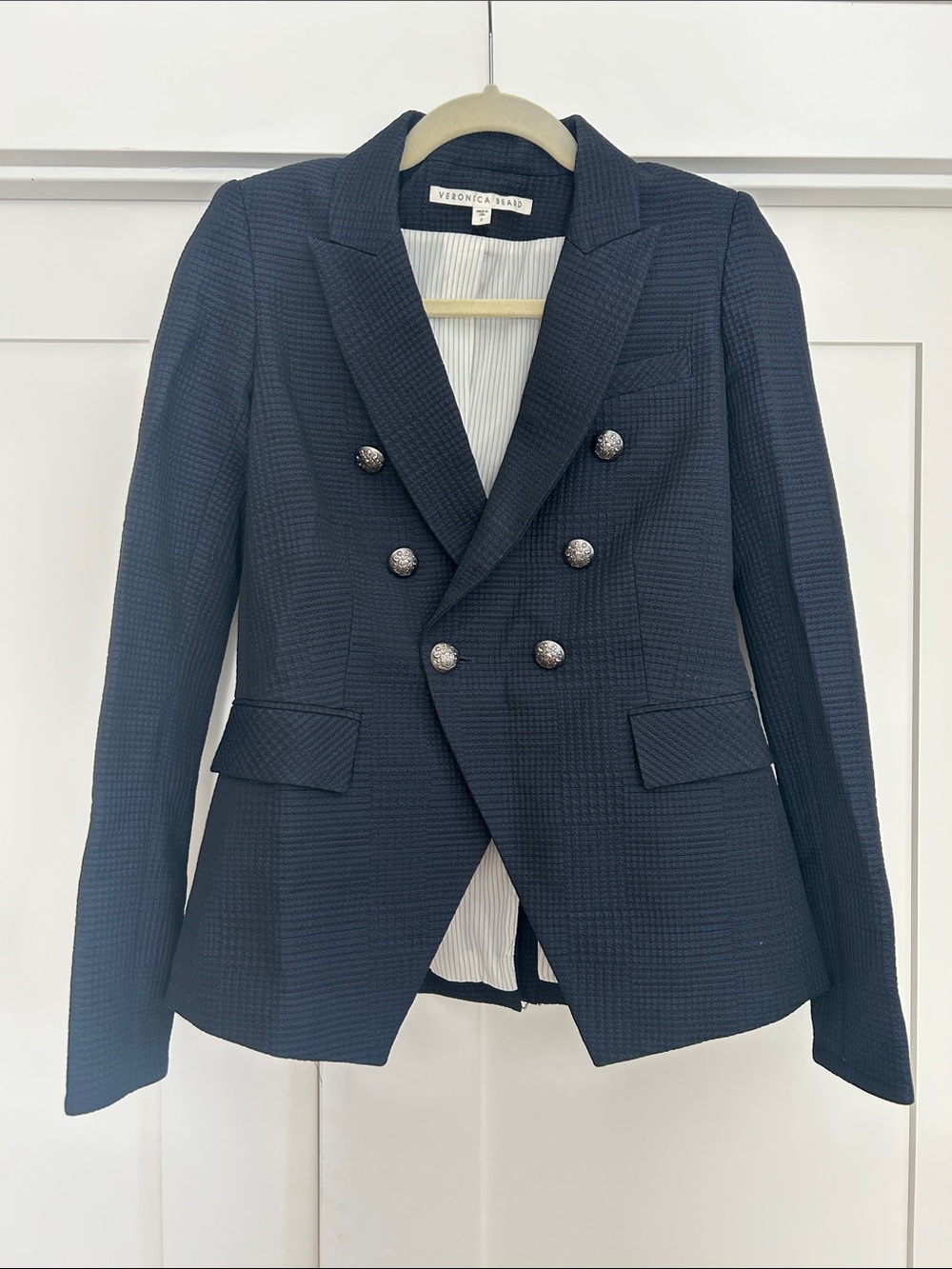 Veronica Beard Textured Navy Double-Breasted Blazer with Silver Buttons